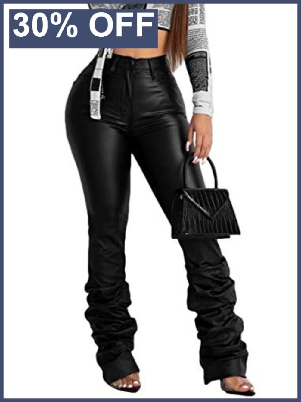 Faux Leather High Waist Stacked Ruffle Hem Leggings Pants